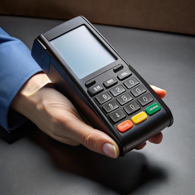 a black calculator with a green button that says multi colored buttons