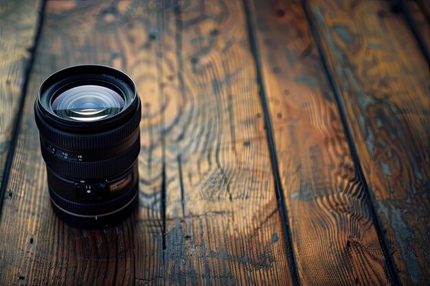 Black camera lens on brown wooden table