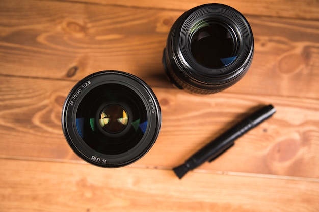 Black camera lens on the table