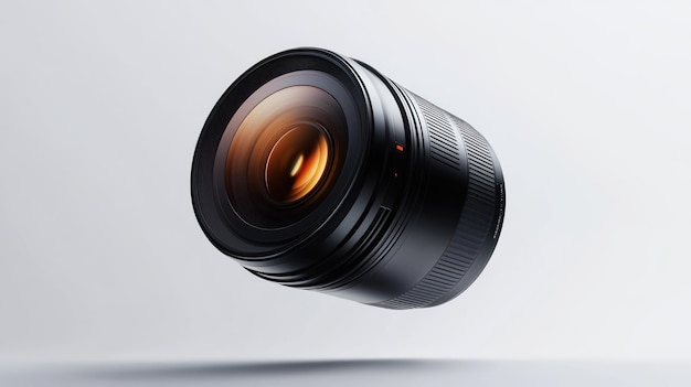 Photo black camera lens with orange interior on white background