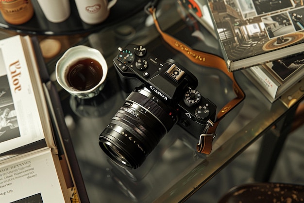 Photo a black camera with a gold strap sits on a glass table