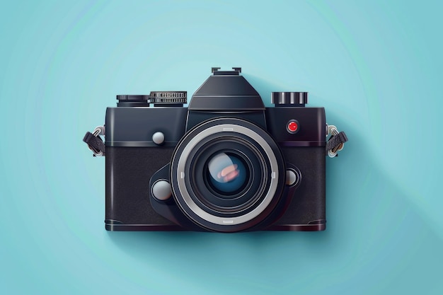 Black camera with red lens sits on blue background