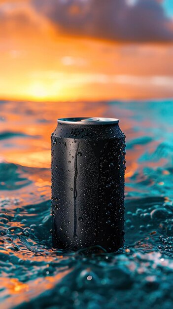 Photo black can floating in ocean water at sunset