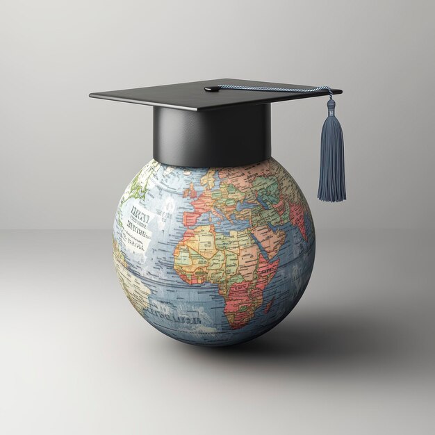 Photo the black cap of the graduate on the globe among the dollar bills symbolizes education and financial support