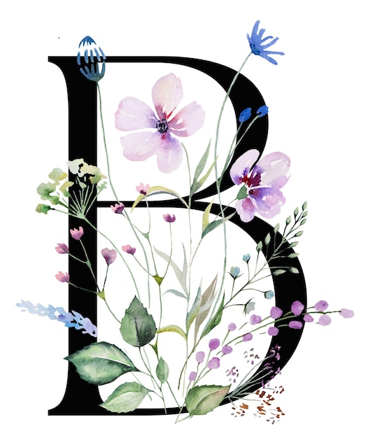 Black capital letter B with watercolor wildflowers and leaves bouquet isolated