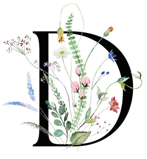 Black capital letter D with watercolor wildflowers and leaves bouquet isolated