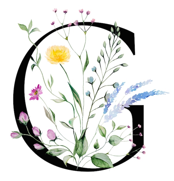 Black capital letter G with watercolor wildflowers and leaves bouquet isolated