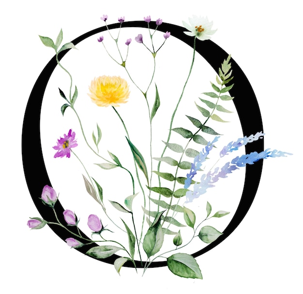 Black capital letter O with watercolor wildflowers and leaves bouquet isolated