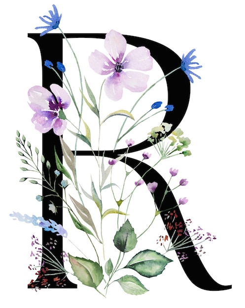 Black capital letter R with watercolor wildflowers and leaves bouquet isolated