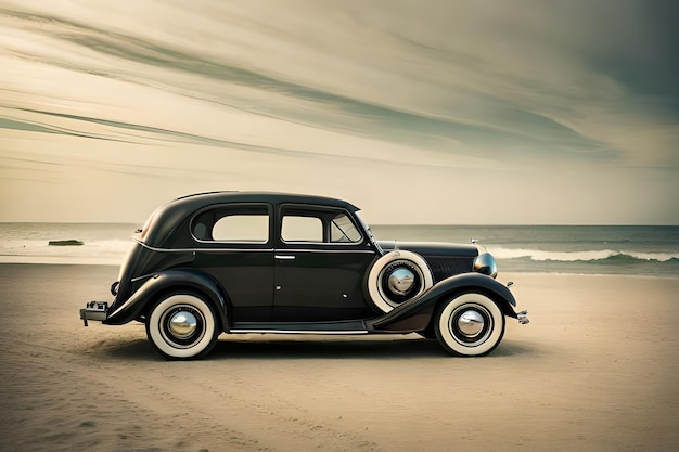 A black car on a beach with the word ford on the front.