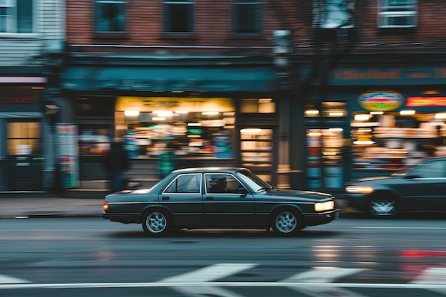 Photo a black car driving down a street next to tall buildings