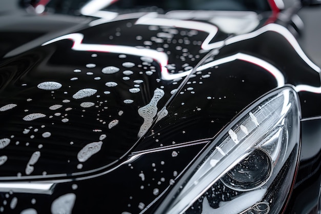 Black car hood gets cleaning treatment with soap foam closeup Water droplets and bubbles create