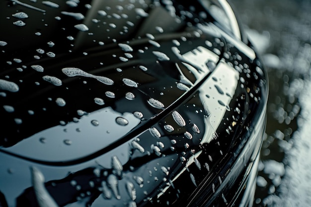 Photo black car hood with water droplets glossy finish closeup shot of wet surface blurred background