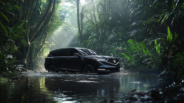 Photo a black car is driving through a stream with the sun shining through the trees