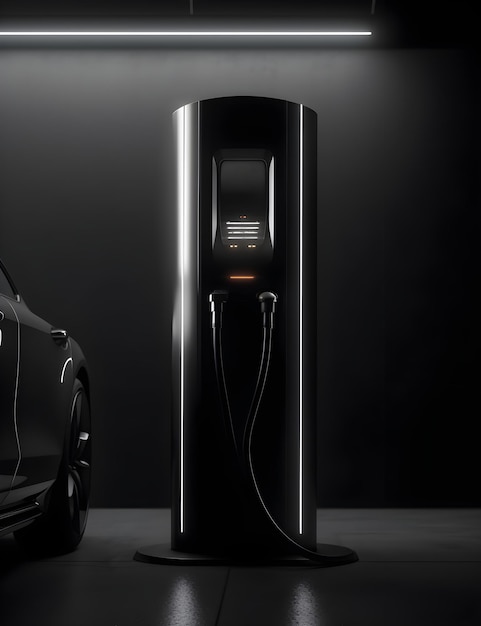 A black car is parked next to a charging station