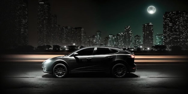 A black car is parked in front of a city skyline.