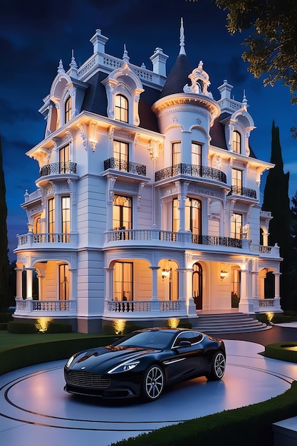 A black car is parked in front of a luxury house with a sky background