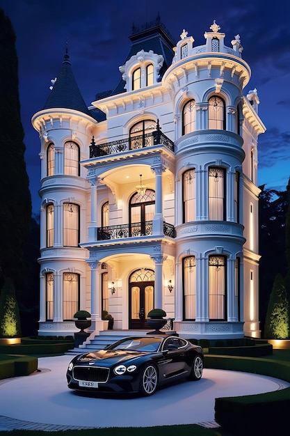 A black car is parked in front of a luxury house with a sky background