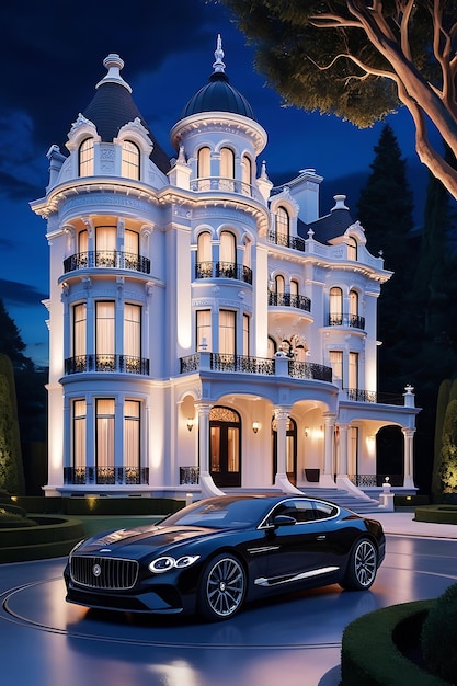 A black car is parked in front of a luxury house with a sky background