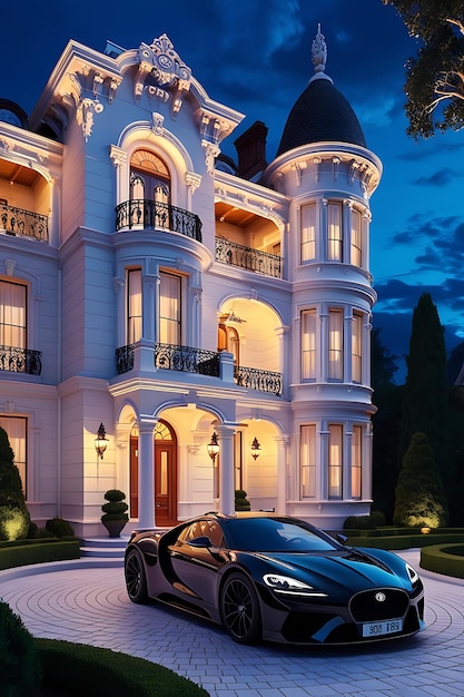 A black car is parked in front of a luxury house with a sky background