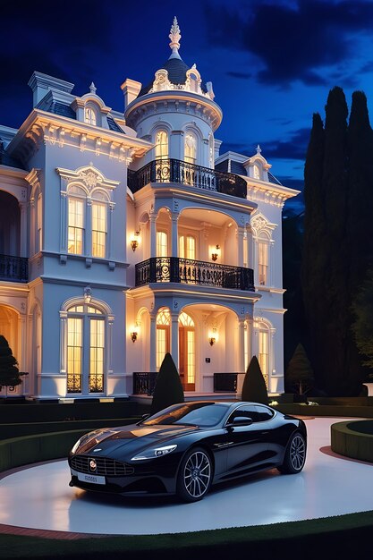 A black car is parked in front of a luxury house with a sky background