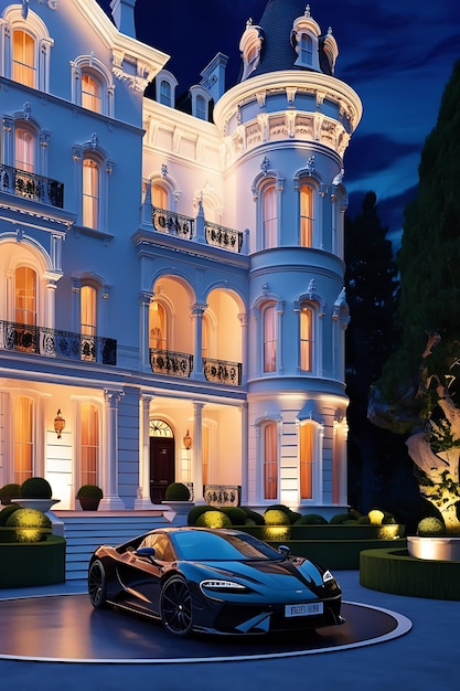 A black car is parked in front of a luxury house with a sky background