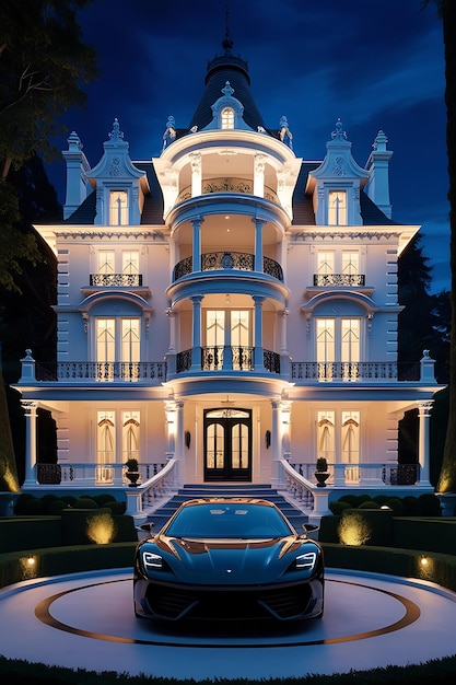 Photo a black car is parked in front of a luxury house with a sky background