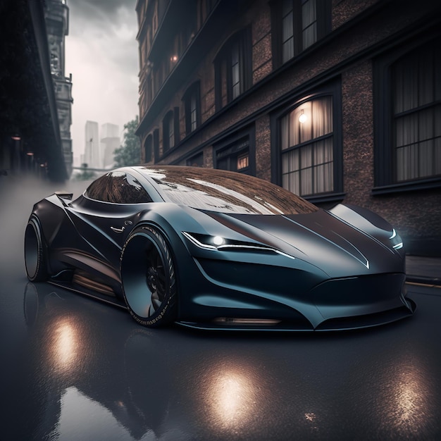 A black car is on a wet street in front of a building