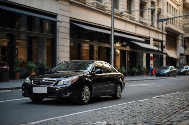 Black car parked on city street background with selective focus and copy space