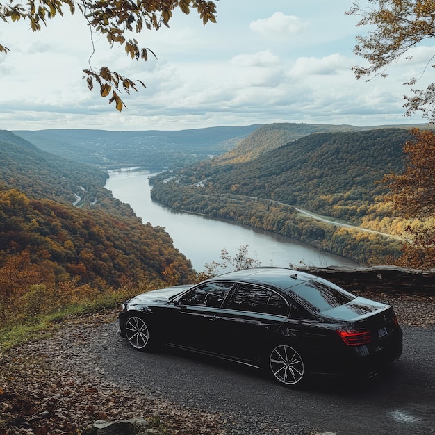 A black car parked on a mountain overlooking a river valley