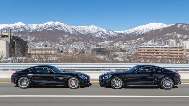 Photo a black car races along a winding road framed by majestic snowcovered mountains and lush forests showcasing speed and motion against a dramatic backdrop