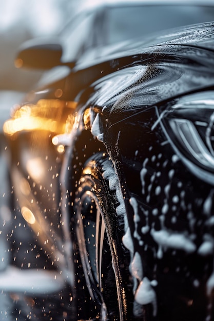 Photo black car shines on wet street with clean wheels glossy finish and illuminated lights create warm