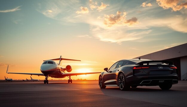 Photo a black car sits on the runway with a plane in the background