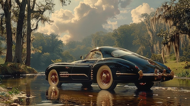 Photo a black car with a gold rim is reflected in the water