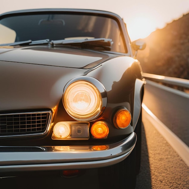 a black car with the headlights on and the sun setting behind it