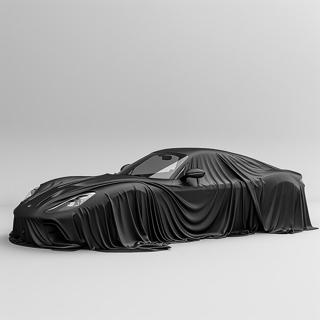 a black car with the hood up is covered in black fabric