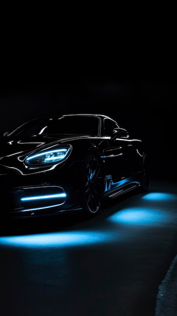 Black car with lighted lights on black background Generative ai