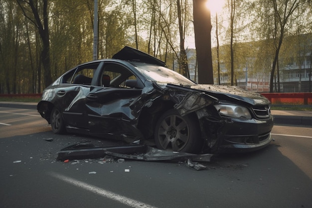 A black car with the word car on the front is in front of a tree.