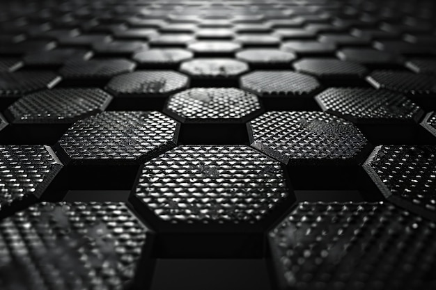 Black carbon fiber background with a hexagonal grid pattern abstract dark grey metallic texture