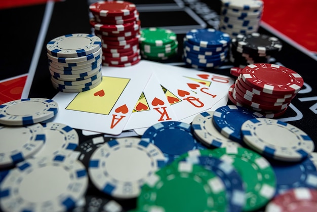 Black casino table with card and chips for game Win and fortune Gambling