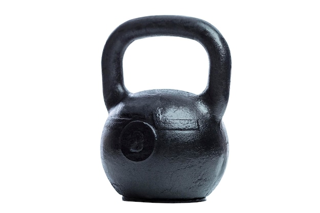 Black cast iron weight 8 kg Sports activity and weightlifting Front view Isolated on white background Closeup