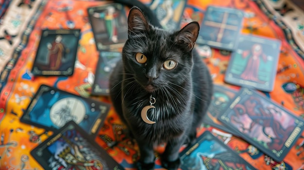 A black cat adorned with a crescent moon pendant