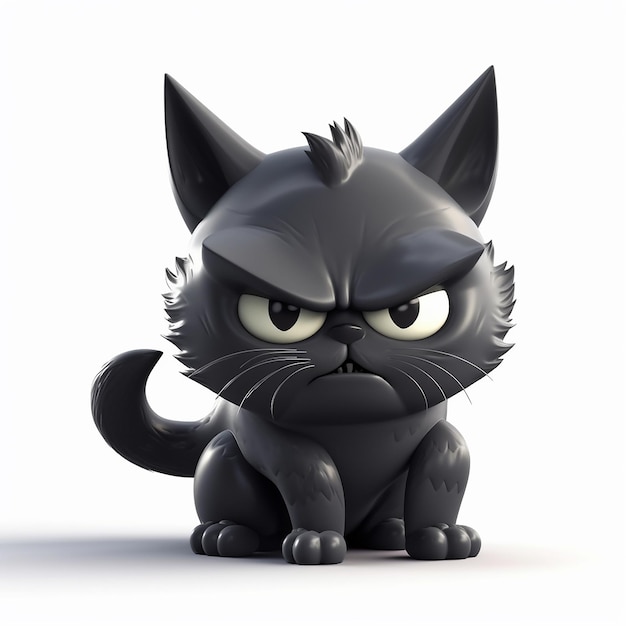 Black cat angry gothic black cat funny cute cartoon 3d illustration on white background avatar