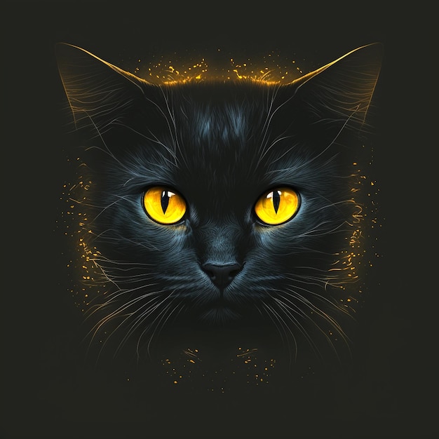 Black cat on black background with bright yellow eyes