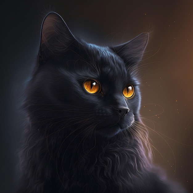 Black cat on black background with bright yellow eyes