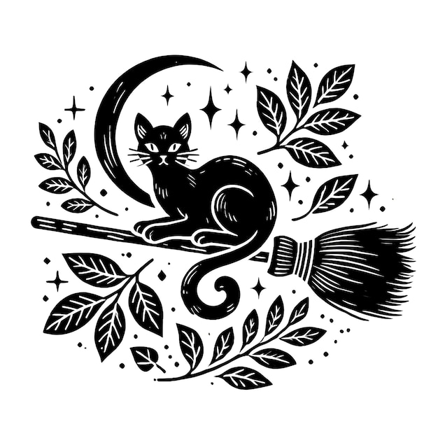 Photo black cat on a broomstick with crescent moon and leaves mystical halloween illustration