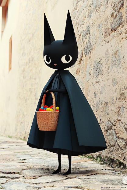 Photo black cat in a cape with basket of colorful eggs