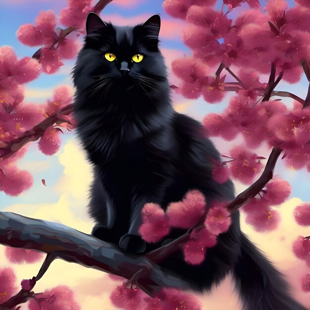 Black cat on cherry tree illustration