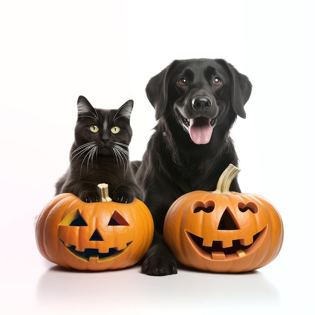 Black cat and dog with pumpkin jack o lantern isolated on white backgroun