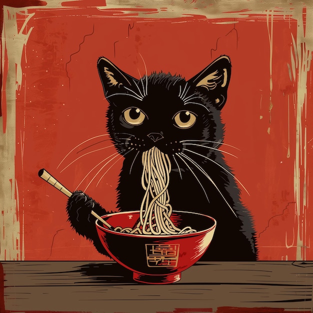 Black cat eating Chinese ramen noodles Asian style illustration Design poster for menu restaurant